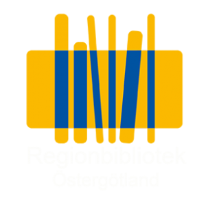Logo - Regionbibliotek Östergötland, Orangea bokryggar som inverteras till blått över en orange platta.