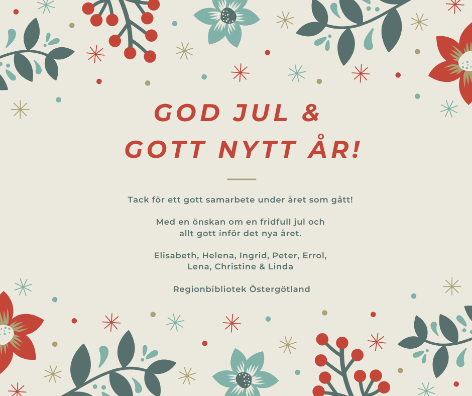 Julkort med texten God jul och Gott Nytt År önskar Regionbibliotek Östergötland